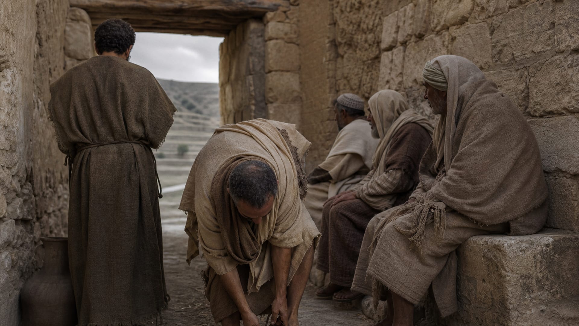 Older men seated on a stone bench inside a modest town gate while another man bends to loosen a leather sandal in grey morning light.
