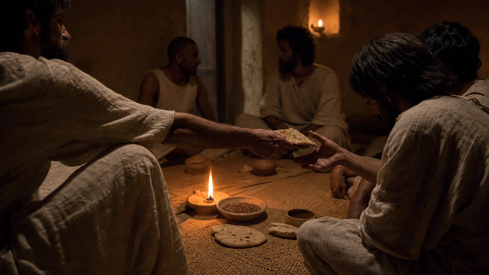 Cômodo de adobe à luz de lamparina, com homens vestidos de linho sentados no chão ao redor de tigelas de barro, um deles oferecendo pão.
