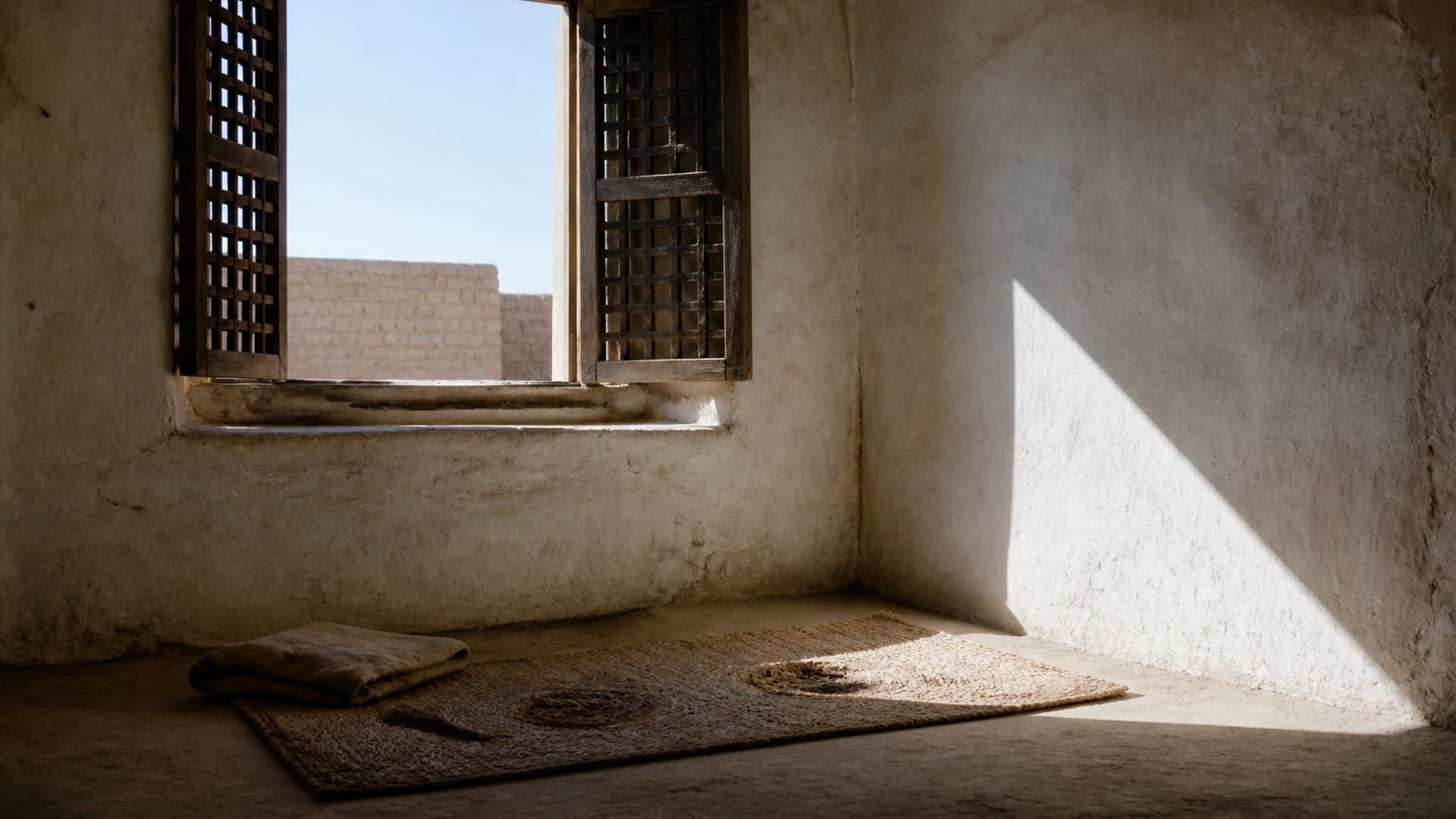 An open wooden lattice window in a thick plastered wall of an ancient upper room, a worn reed mat on the floor beneath it.