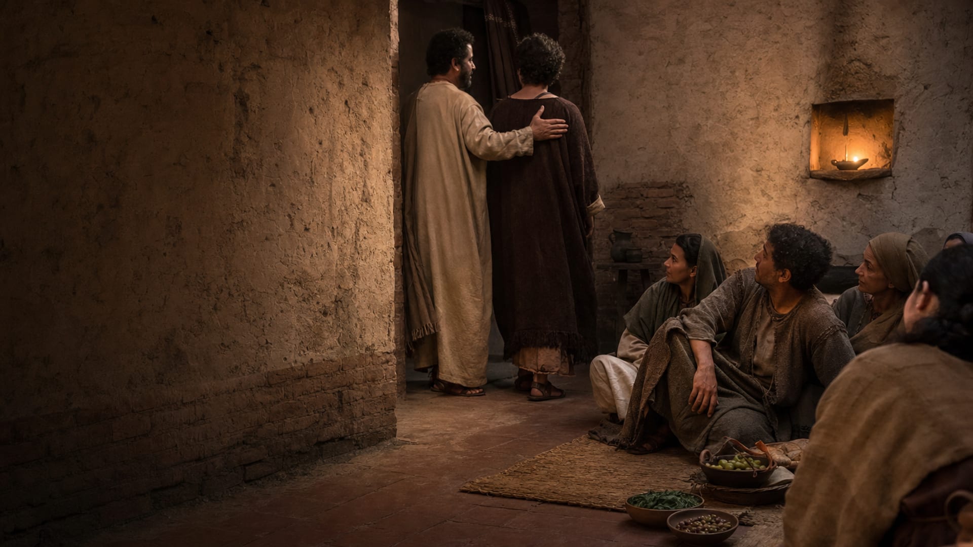In a lamplit first-century Roman house room, one believer quietly makes room as another is welcomed in, with simple food set aside and shadowed plaster left open at the lower left.