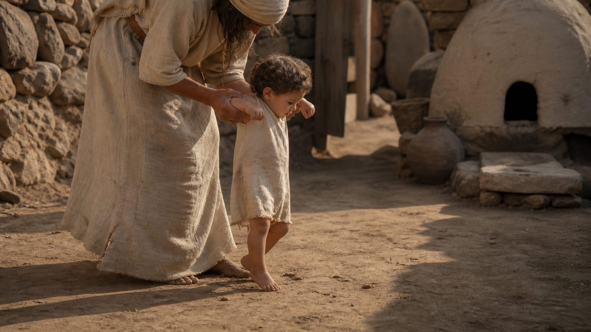 In a sunlit village courtyard of packed earth and mudbrick, a parent in a plain wool tunic bends low behind a barefoot toddler, holding the child up by both arms as it takes a wobbling step.