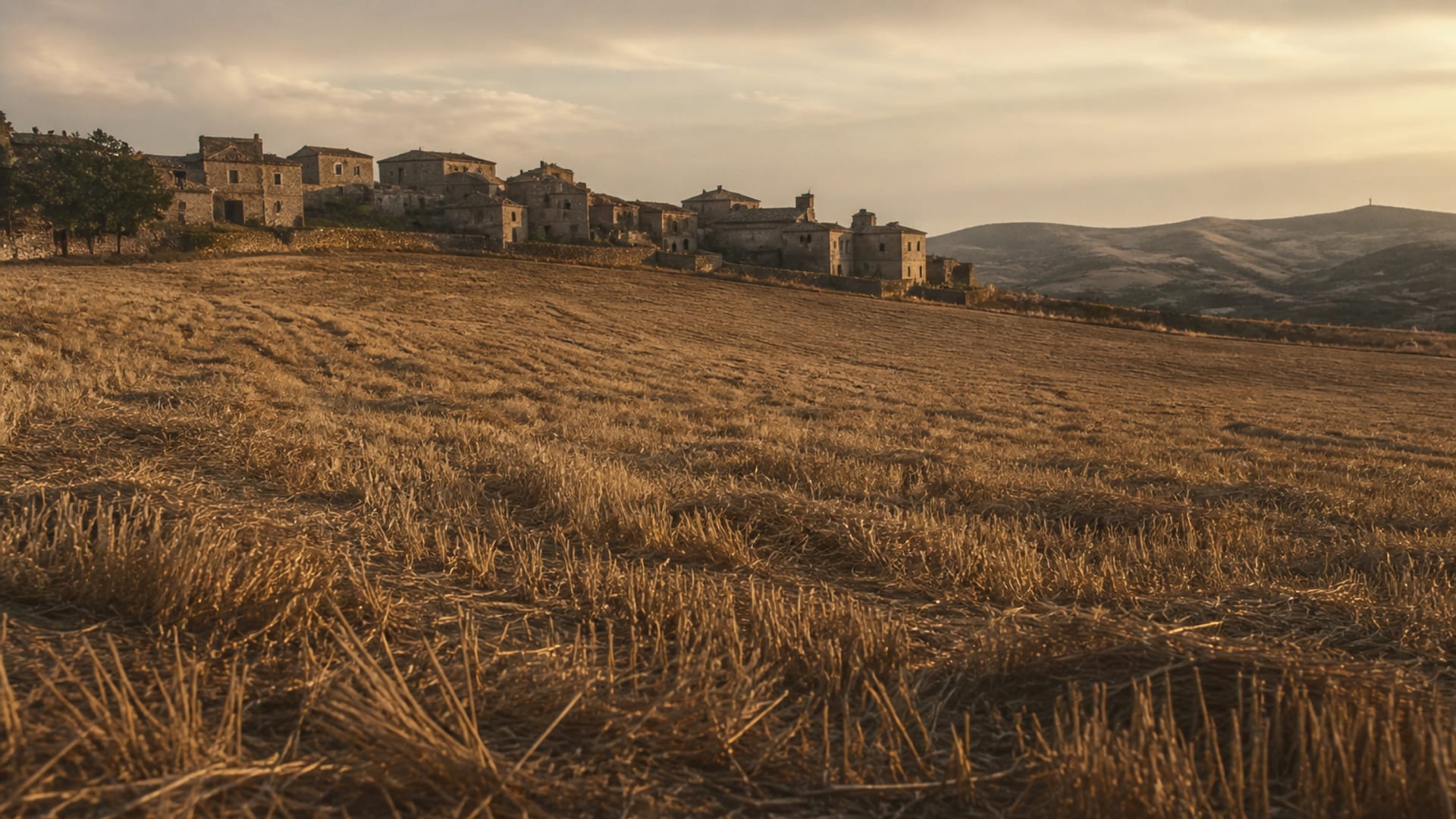 Um campo de cevada já ceifado ao entardecer, na borda de um povoado nas colinas, com restolho e talos caídos em primeiro plano.