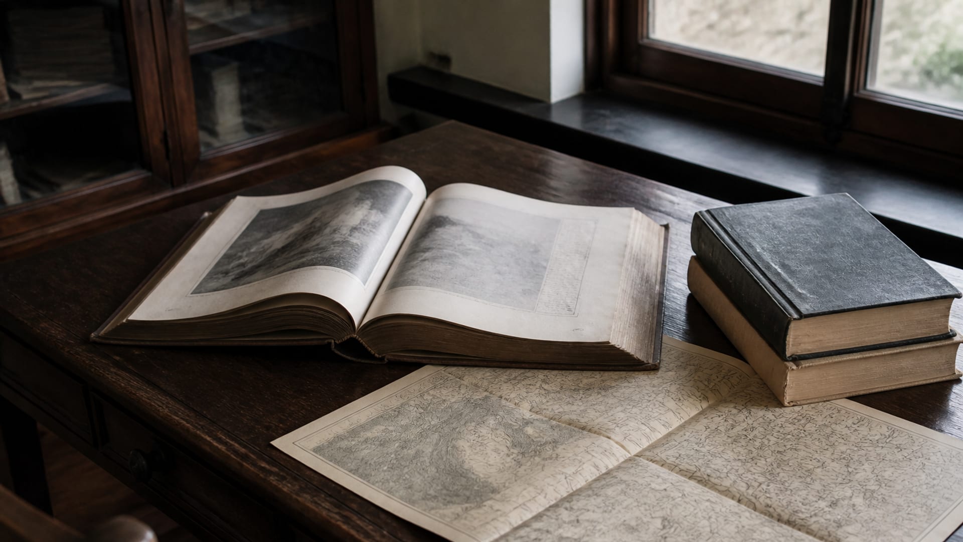 Uma escrivaninha de madeira sob luz natural, com um volume aberto, folhas soltas e dois livros de consulta fechados.