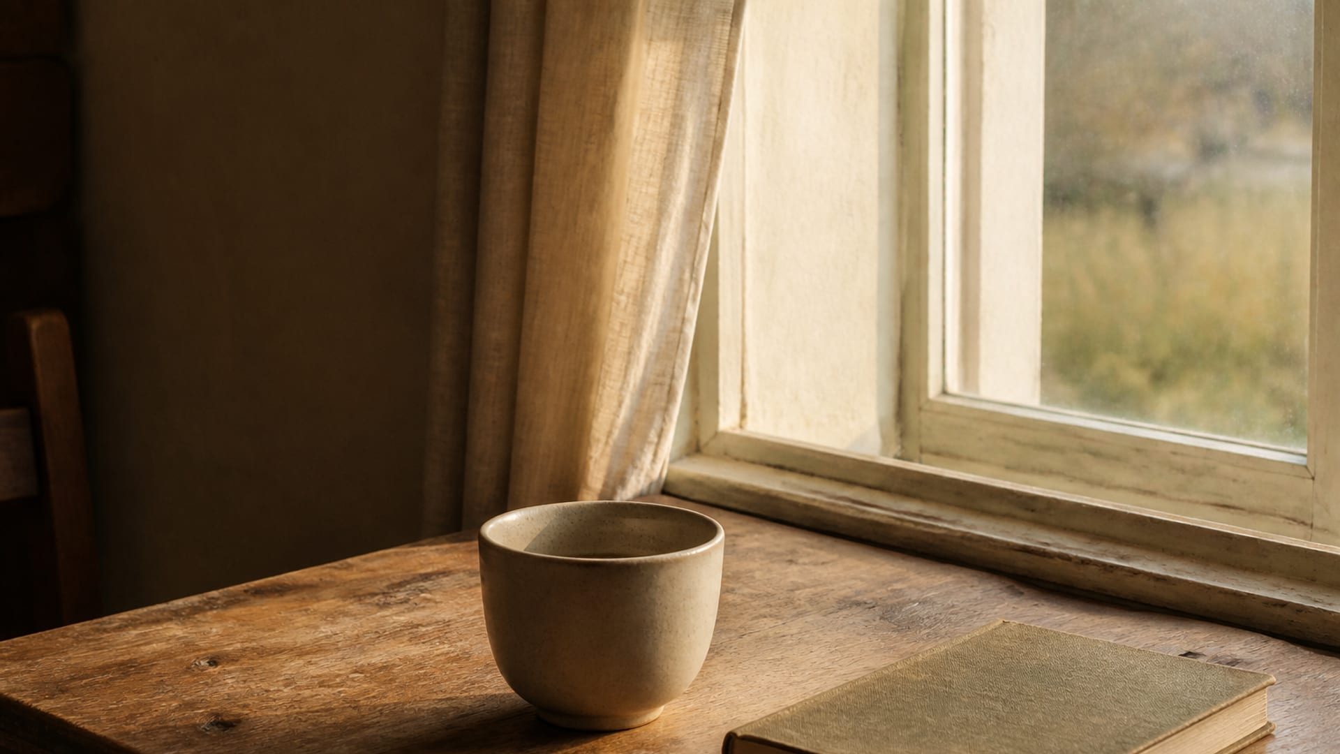 A small wooden table by a window in early light, a plain cup and a closed notebook on it.