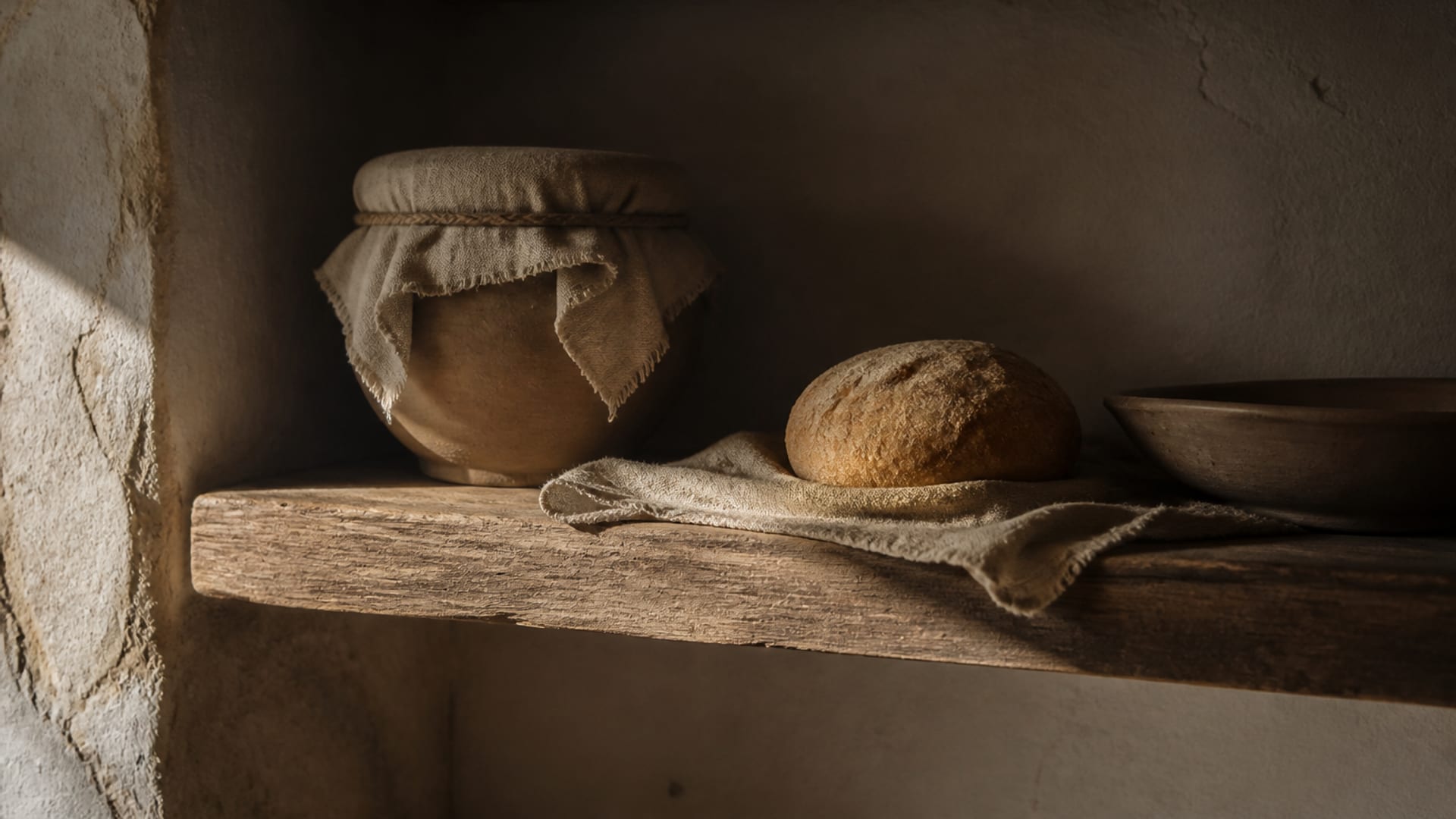 A plain wooden shelf holding a covered jar, a small loaf on a cloth and a shallow bowl in low morning light.