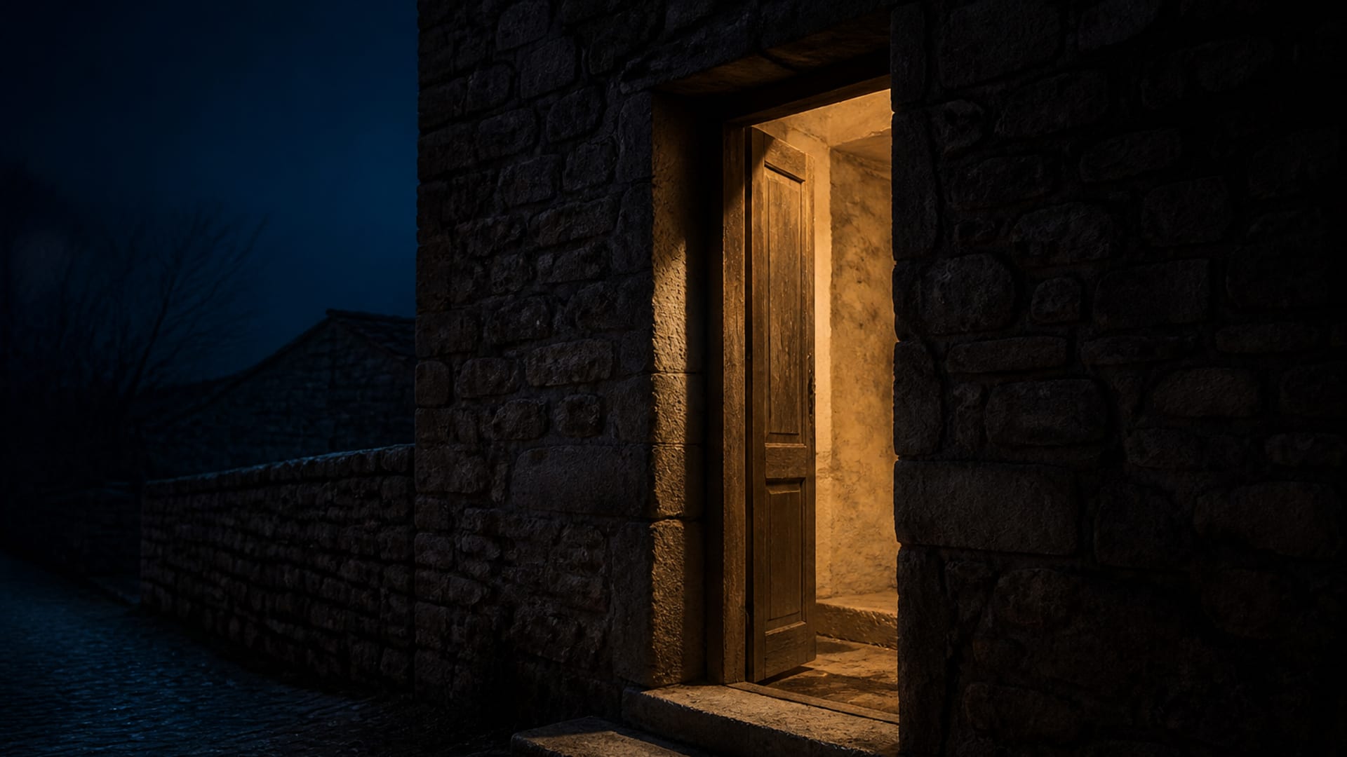The open doorway of a small stone house at night, warm lamplight spilling across the threshold onto a dark street.