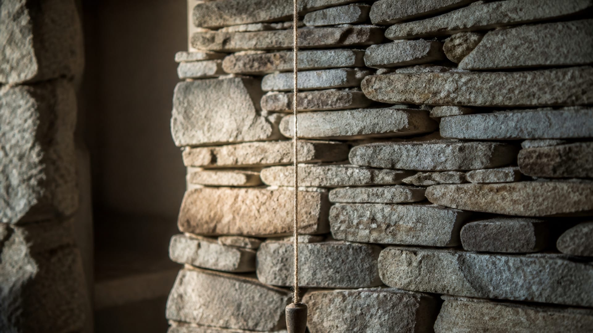 A mason's plumb line hanging dead straight against an unfinished dry stone wall.