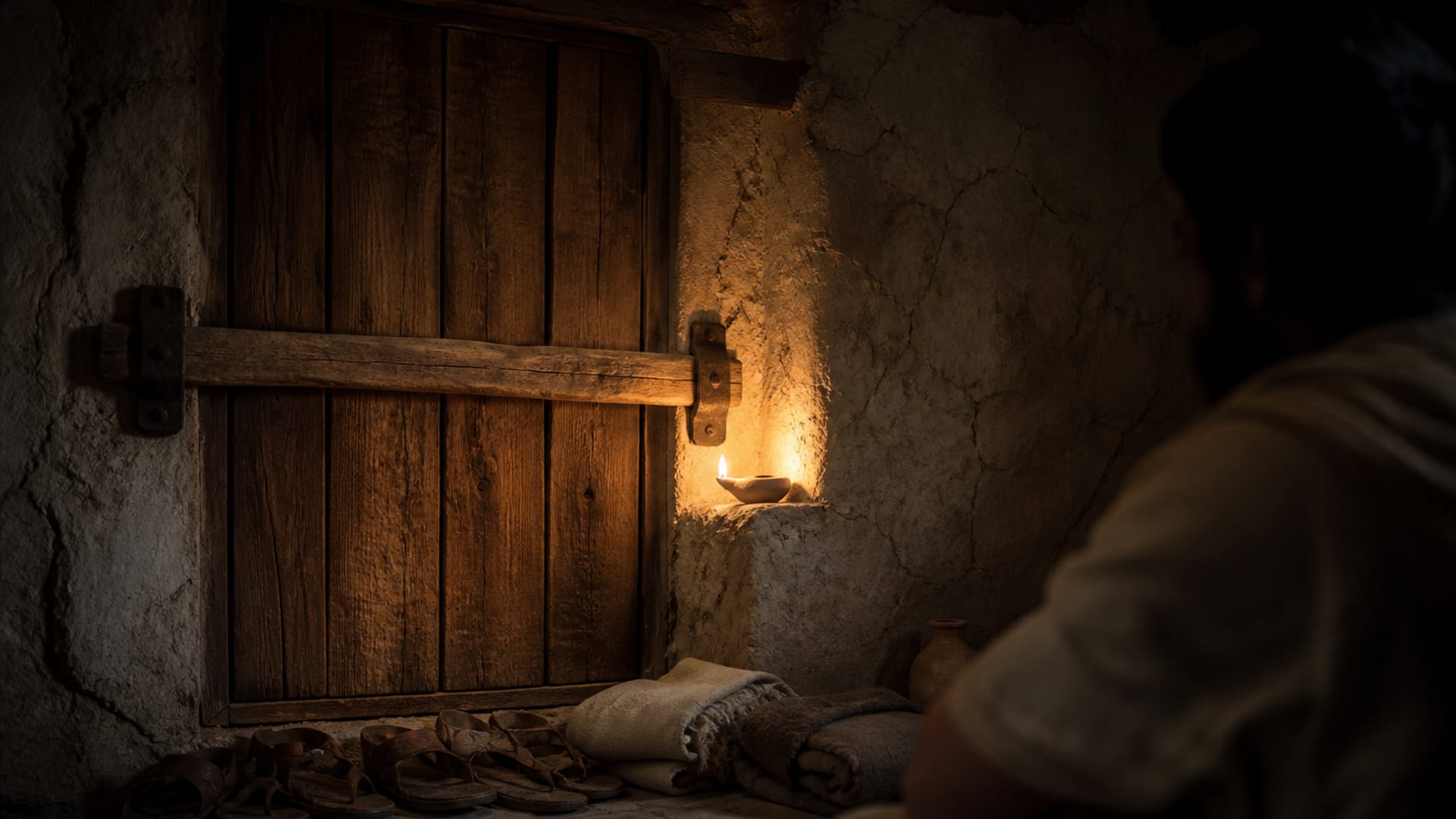 A shadowed first-century room with plaster walls and a heavy wooden door barred from inside, a single clay oil lamp on a low ledge, a few folded cloaks and sandals by the threshold, and one man seated at the edge of the frame with his face in shadow.