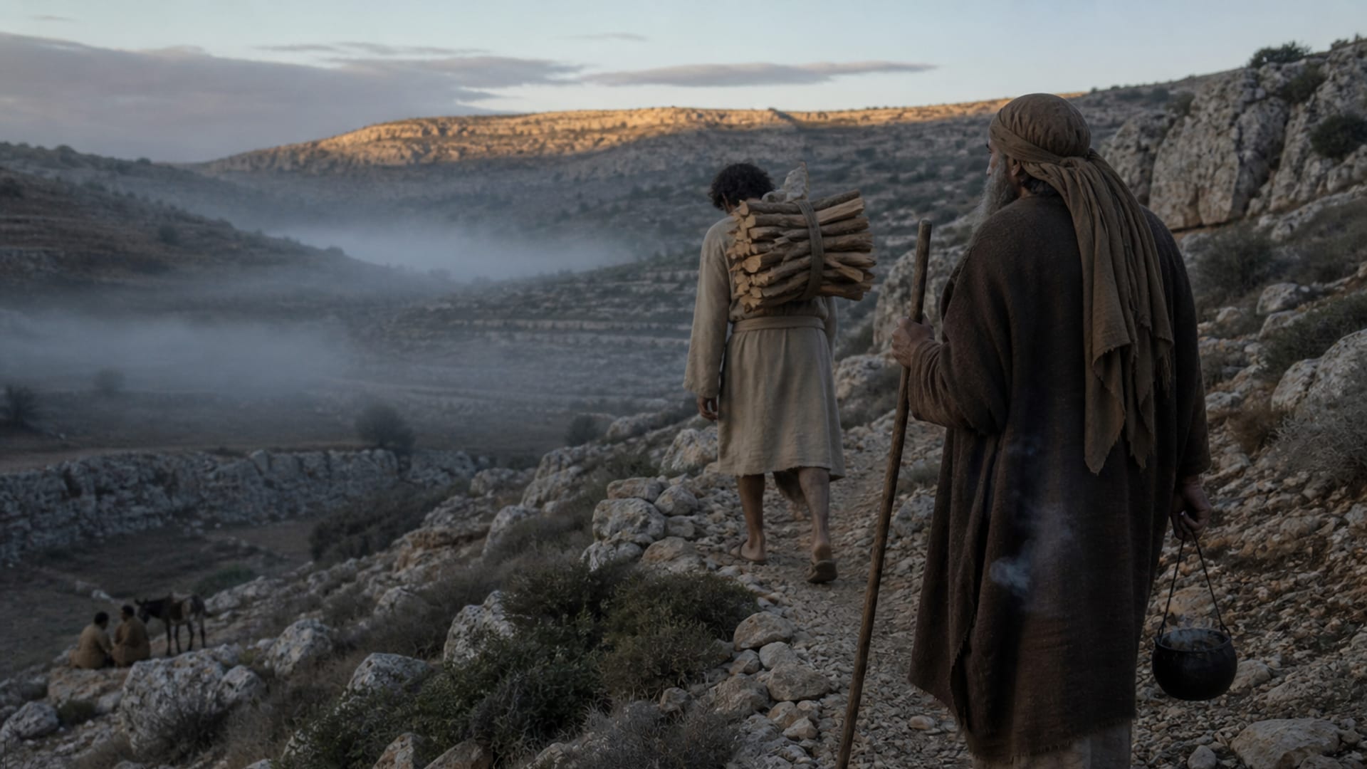 An old man and a young man climb a stony hillside path at dawn, the young man carrying a bundle of split wood on his back, the old man holding a small clay fire pot.