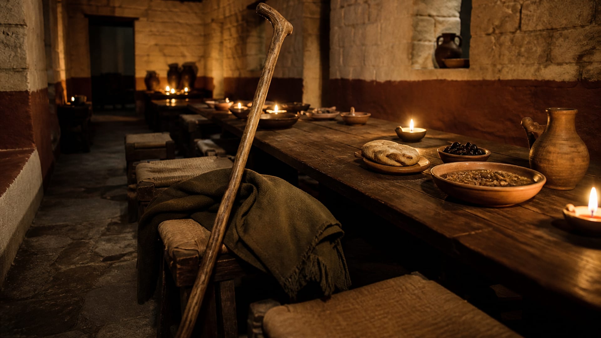A low table in a lamplit stone hall in ancient Jerusalem set with bread and bowls, and at one place a plain wooden walking staff leaning against the seat.