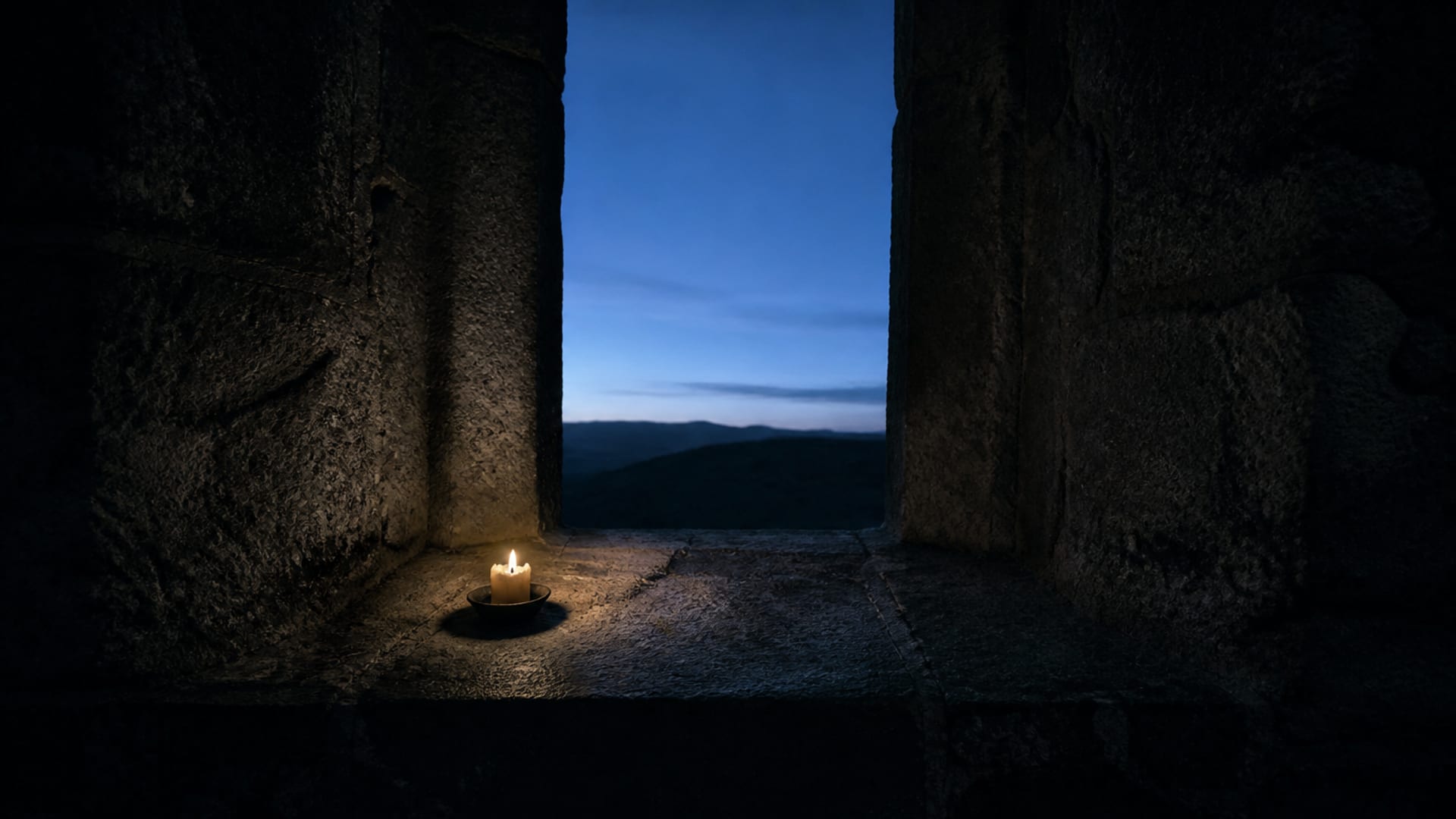 A deep stone window ledge at the end of night, a candle burnt to a stub, the sky beyond just turning blue.