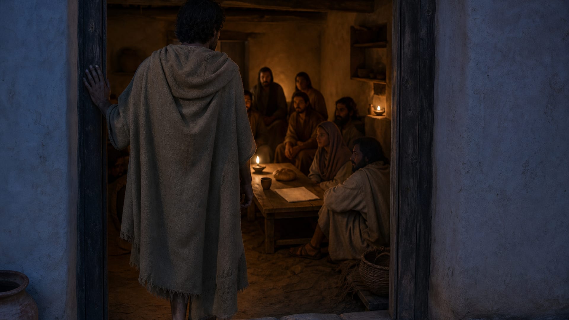 Viajante de manto, visto de costas, na soleira de uma casa antiga iluminada por lamparinas; lá dentro, pessoas sentadas se voltam para ele.