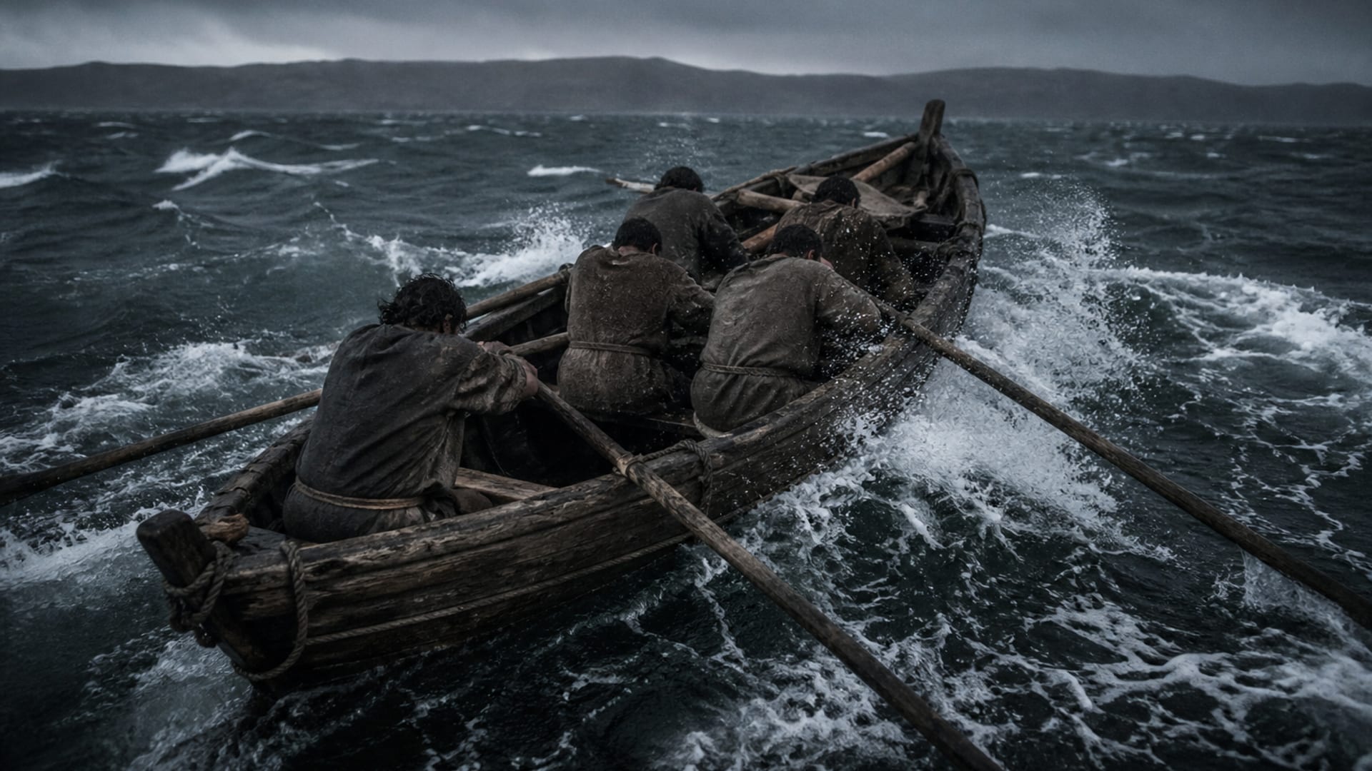 Um pequeno barco de pesca de madeira num lago escuro e agitado pelo vento antes do amanhecer, homens puxando os remos contra as ondas, uma luz cinzenta fraca atrás dos morros.