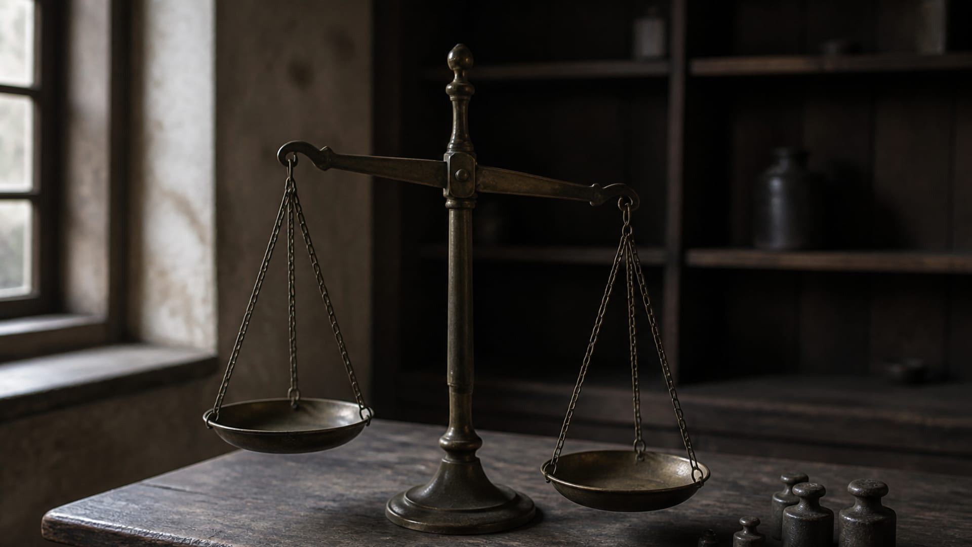 An old bronze balance scale on a worn counter, small stone weights beside it, one pan hanging lower.