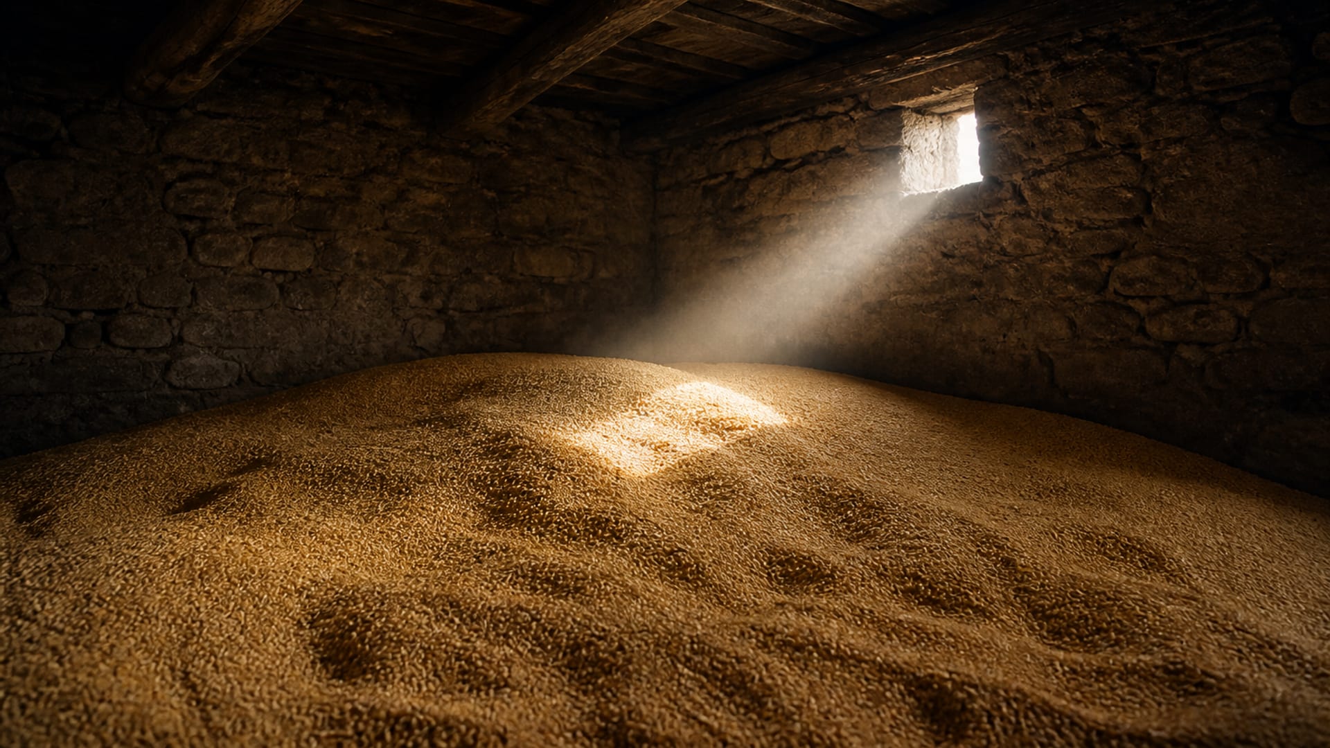 The inside of a stone granary heaped with threshed grain, lit by a single narrow opening high in the wall.