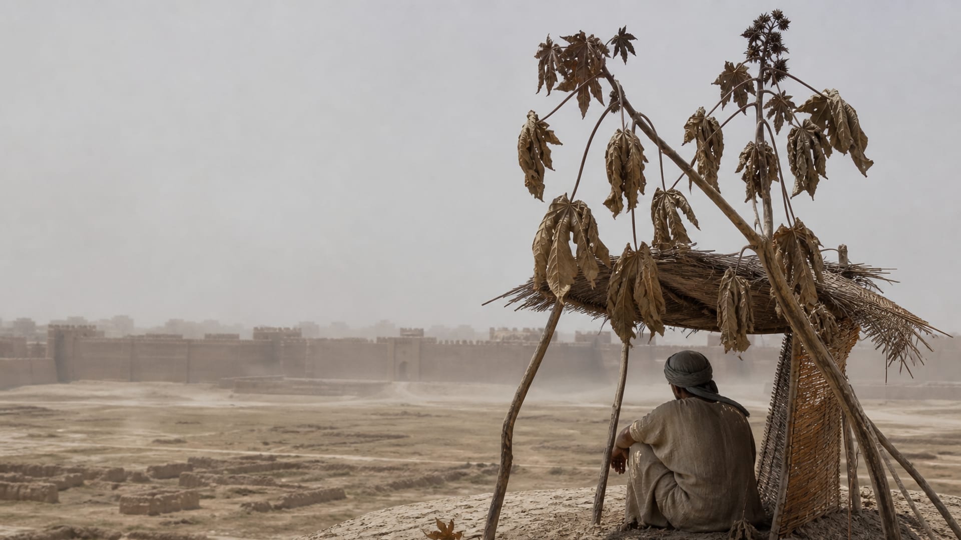 A man seen from behind sits in a rough branch shelter beside a withered plant, a mudbrick city faint in dusty haze below.