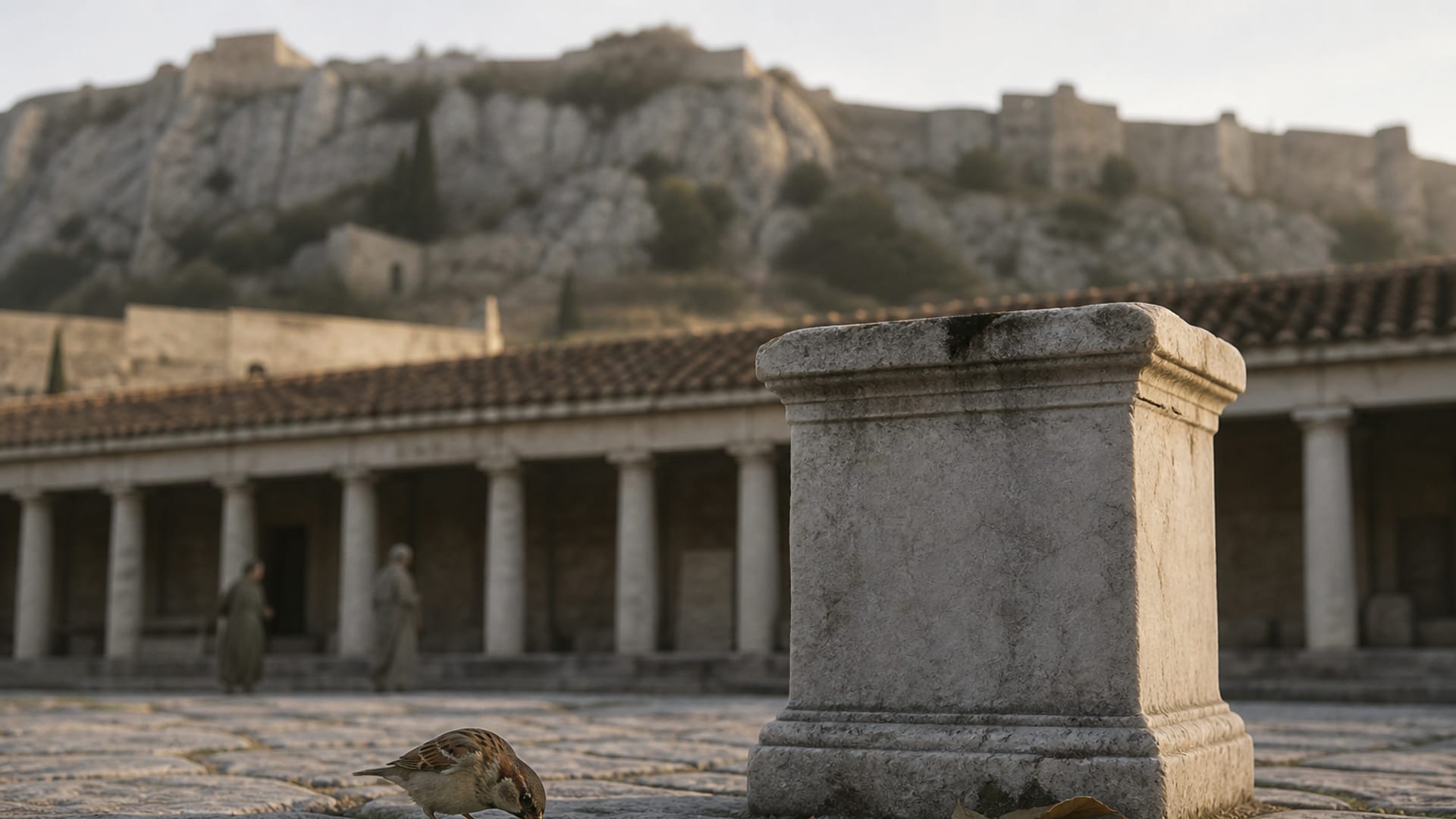 A sparrow pecks at scattered grain on worn marble paving beside a small plain stone altar, a shaded colonnade and a bare rocky hill soft in the morning haze behind.