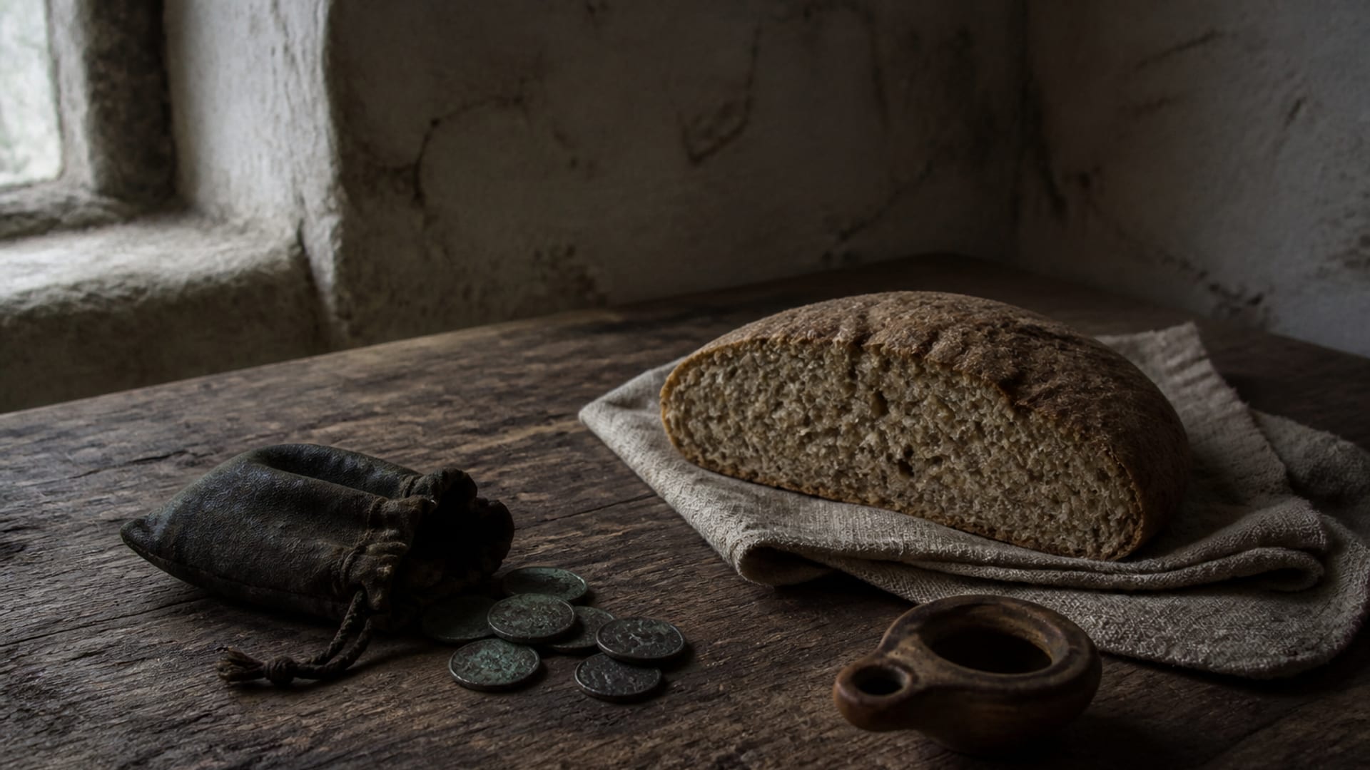 Bolsinha de couro gasta com moedas escuras de bronze ao lado de meio pão de cevada, sobre mesa rústica de madeira à luz cinzenta.