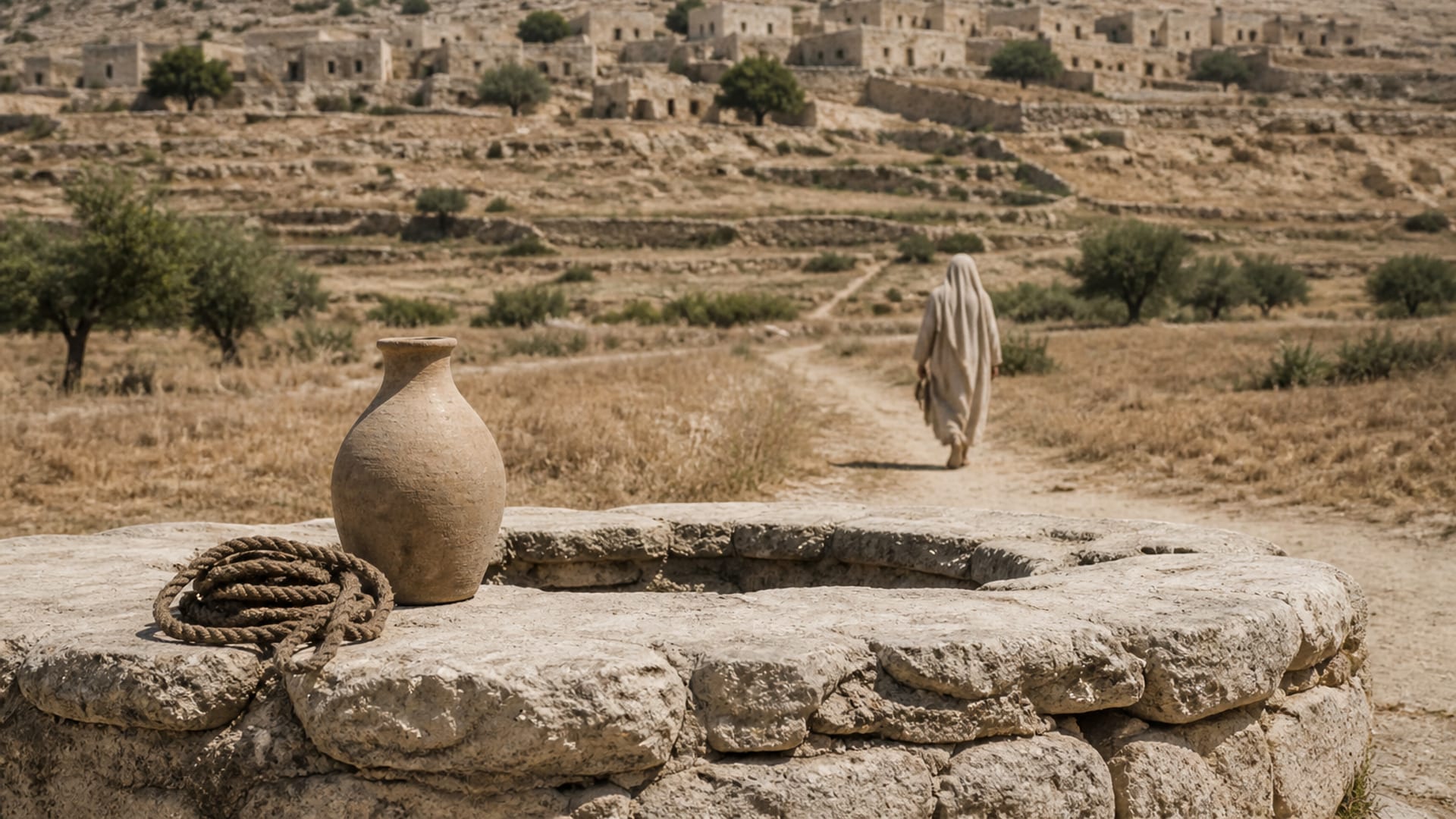 A clay water jar left on the stone rim of an ancient well under harsh midday light, a woman walking away toward a hillside village.