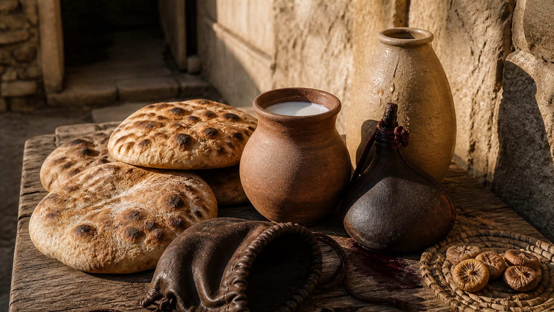 Uma mesa rústica de feira sob a luz do começo da manhã, com pães redondos e achatados, uma jarra de barro com leite, um odre de vinho e um cântaro de água, e ao lado uma bolsinha de couro aberta e vazia.