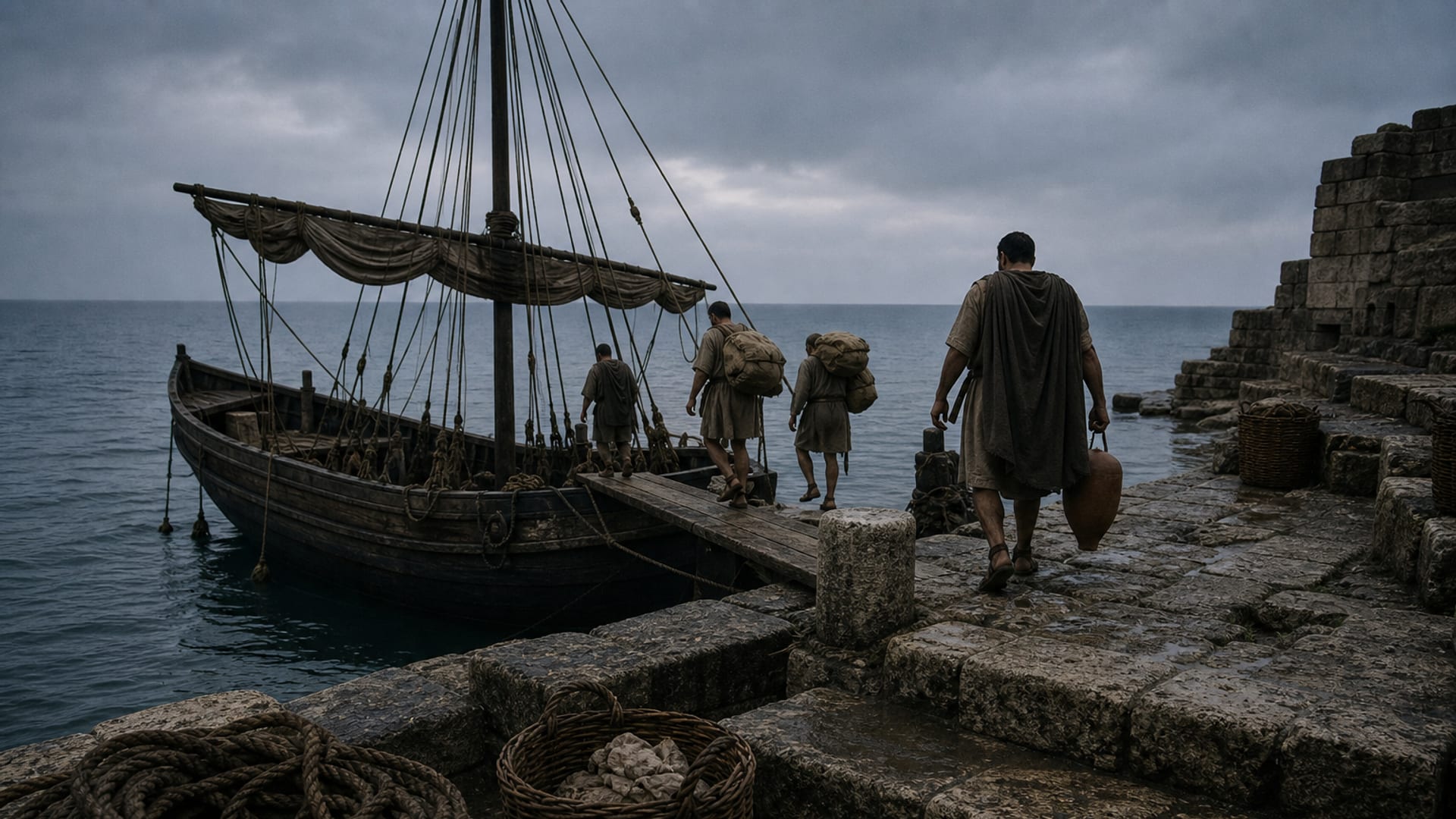 A small wooden merchant ship at an ancient stone harbor in grey first light, men carrying bundles aboard toward open sea.