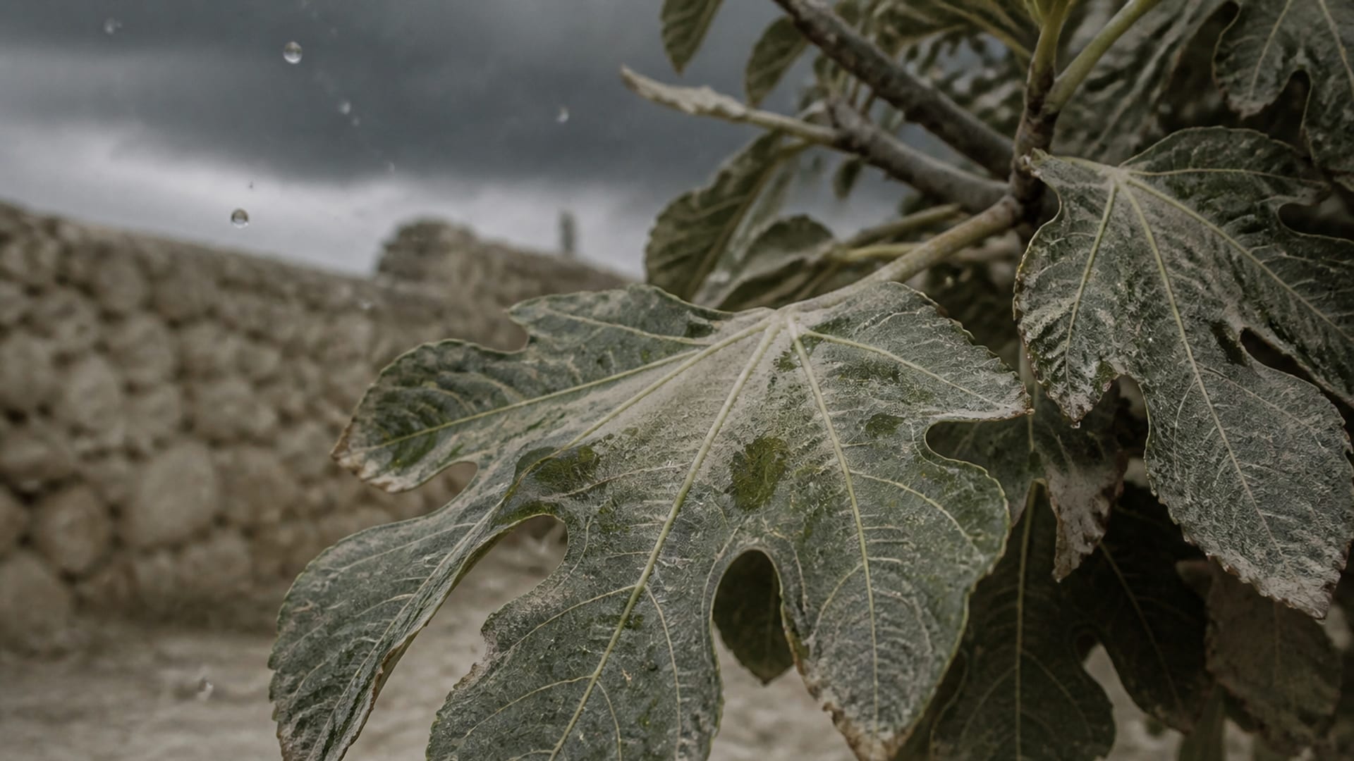 Broad fig leaves, dusty and drooping in hard midday summer heat, with the first large raindrops darkening the dust on them.
