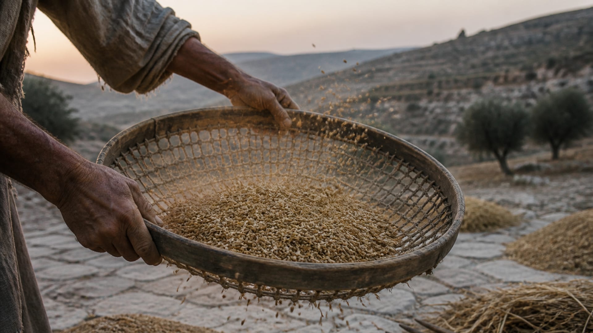 Hands shaking a round wooden grain sieve over a stone threshing floor at dusk, dust and chaff lifting into the air as the wheat is tossed in the mesh.