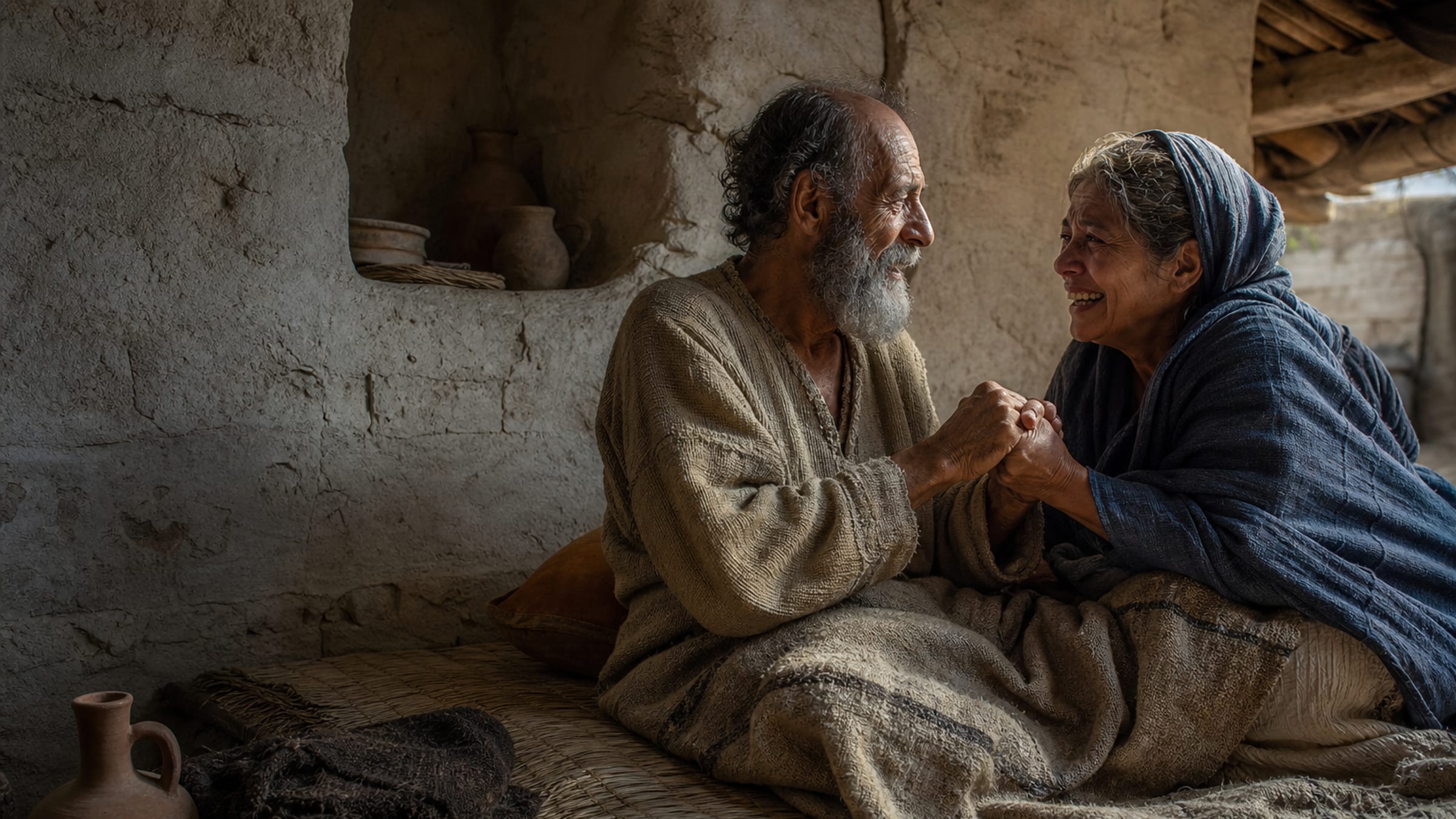 Início da manhã numa casa simples de pedra: um homem mais velho, recém-saído de uma doença, sentado na esteira, e ao lado uma mulher rindo de alívio, com uma veste grossa e escura largada no chão.