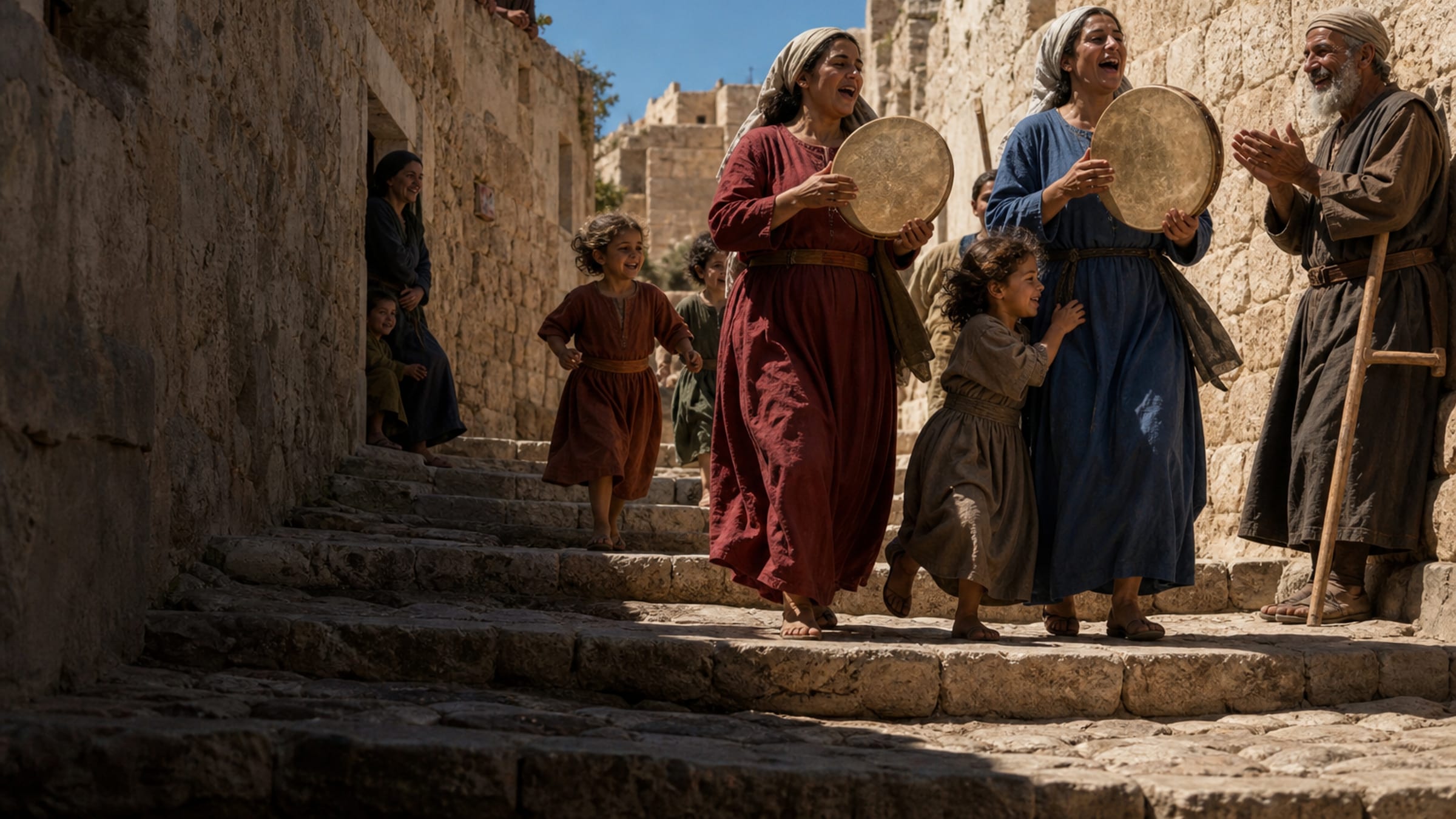 Mulheres com tamborins cantam e dançam descendo uma rua estreita de degraus de pedra na antiga Jerusalém, crianças em volta e um homem mais velho de muleta batendo palmas, em plena luz do dia.