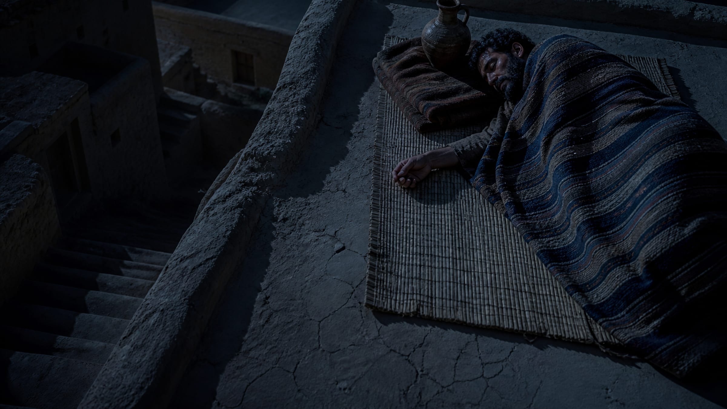 Visto de cima, um homem dorme sobre uma esteira trançada num terraço plano de barro, sob a luz fria da lua, enrolado num manto de lã listrado, com as bordas dos terraços vizinhos na sombra.
