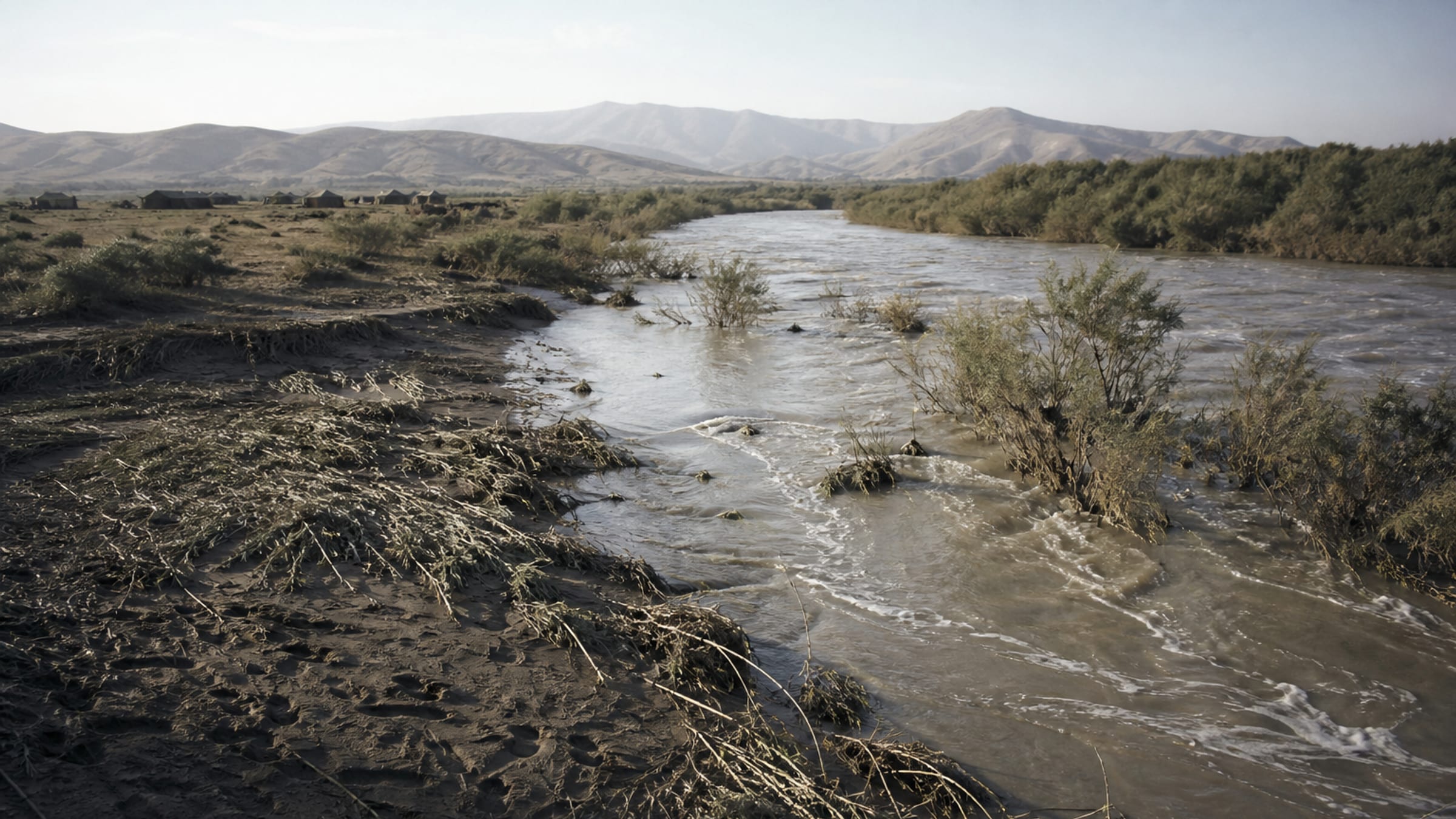 The Jordan in spring flood at first light, running brown and fast through a drowned thicket of tamarisk, with a small encampment of dark tents far back on the eastern bank.