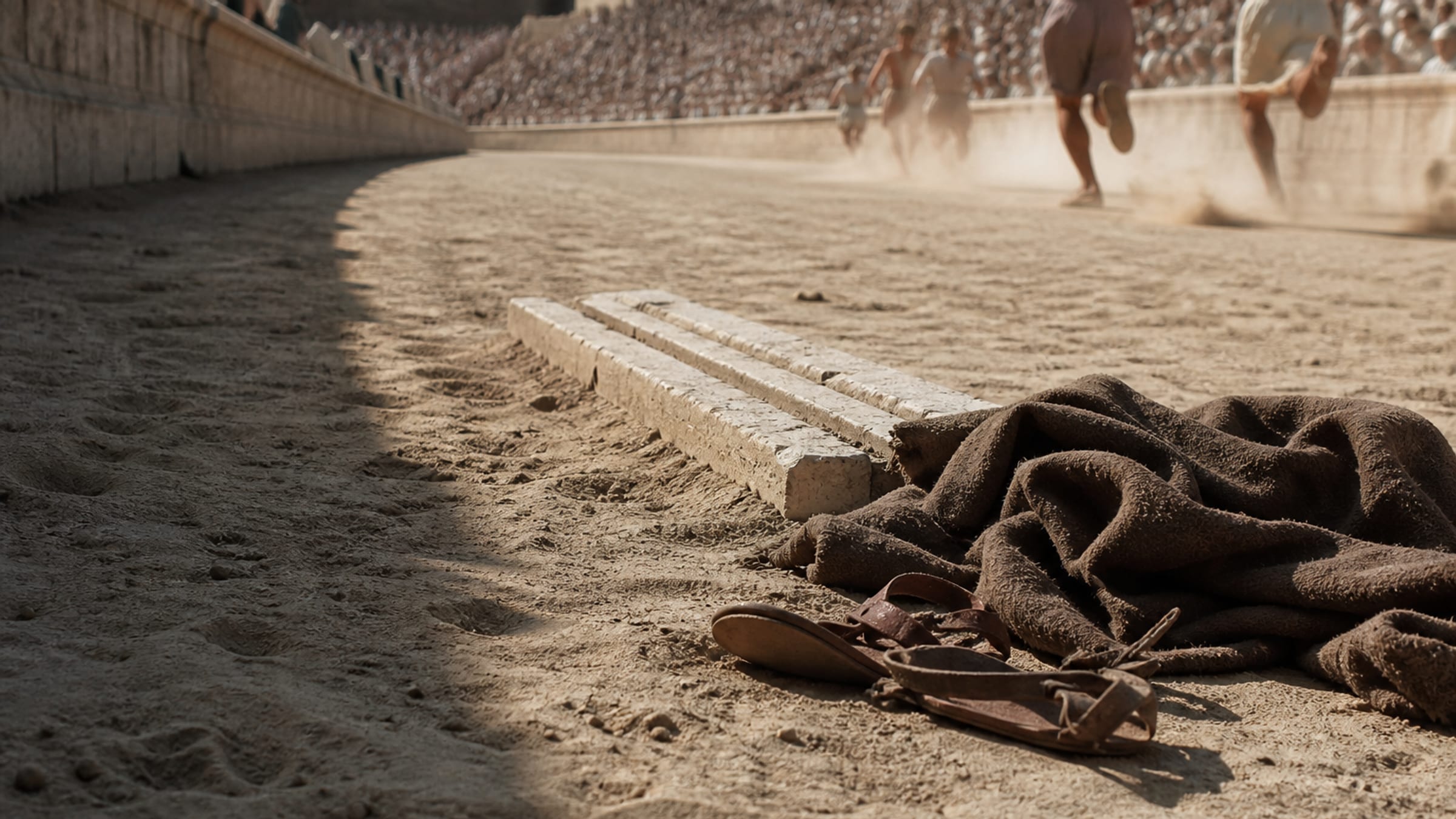 A heavy wool cloak and sandals lie flung beside a worn stone starting line on the sand track of an ancient stadium in harsh midday sun, runners already away and a great crowd blurred on the banks beyond.