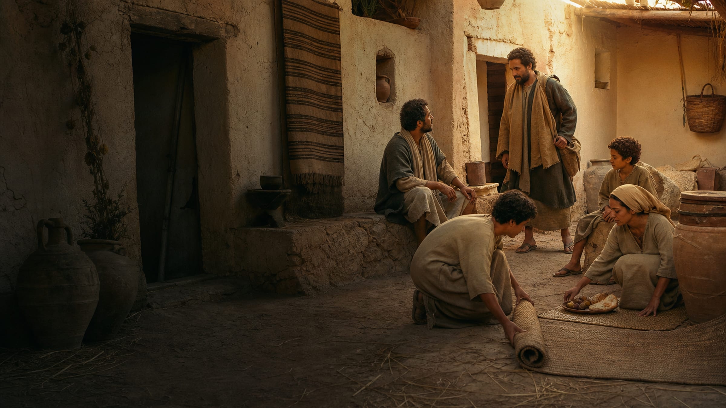 A first-century household in a modest courtyard makes room for an unknown traveler with a mat and bread at twilight.