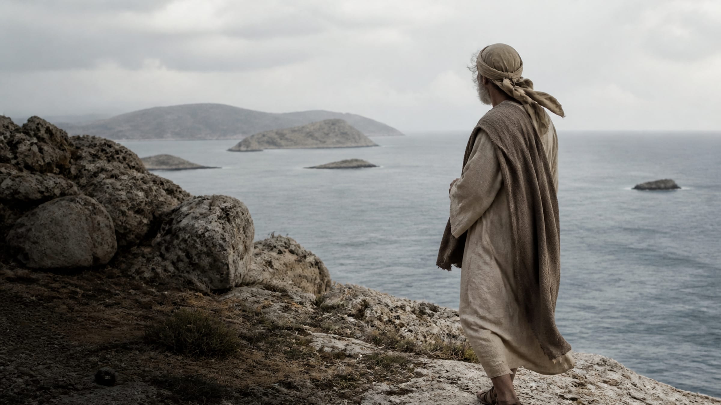 Um homem idoso exilado em Patmos rochosa se volta para uma voz invisível acima do mar Egeu frio.