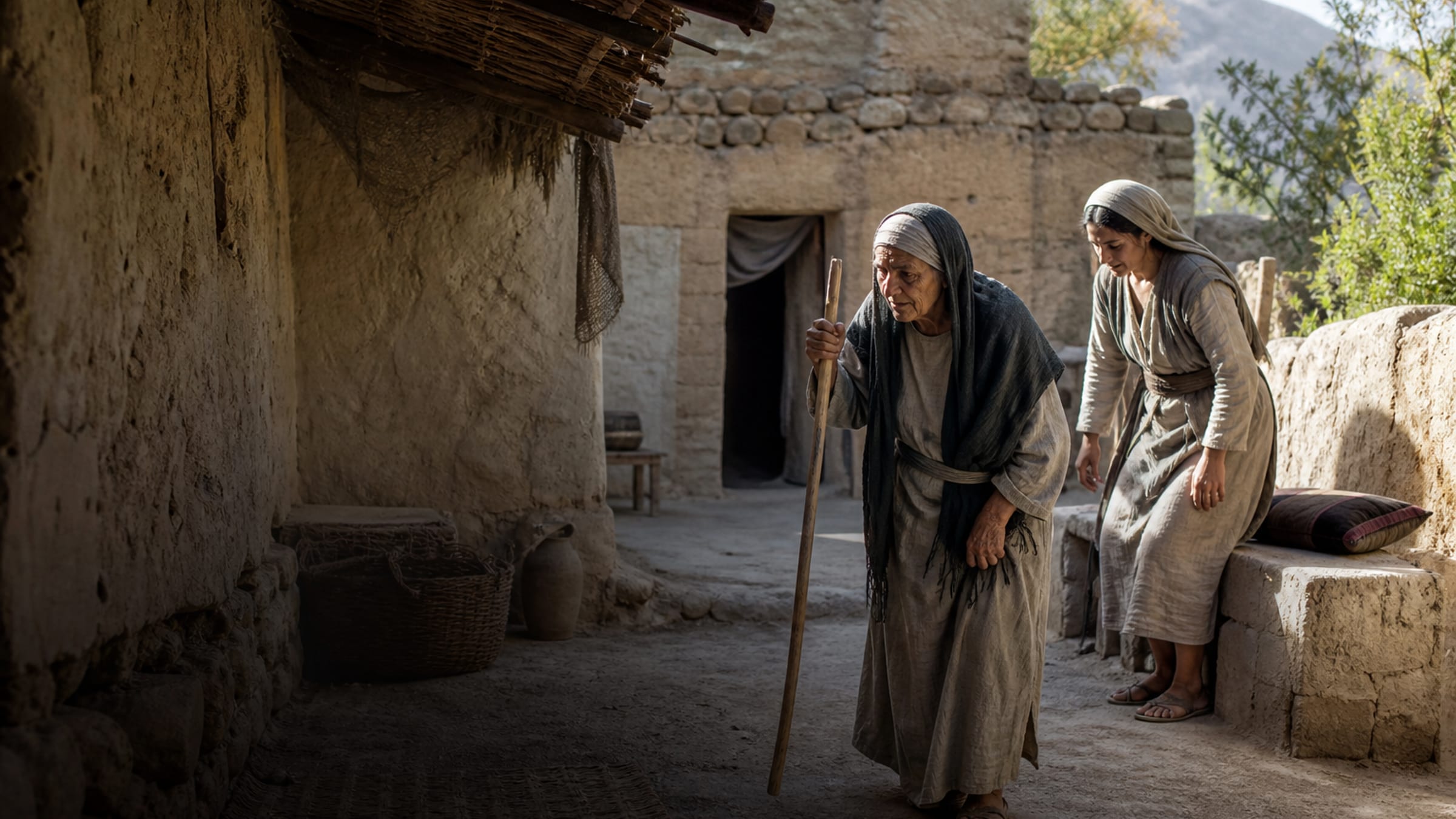 A younger Israelite rises from a low bench in an ancient village courtyard as an elderly woman passes by.