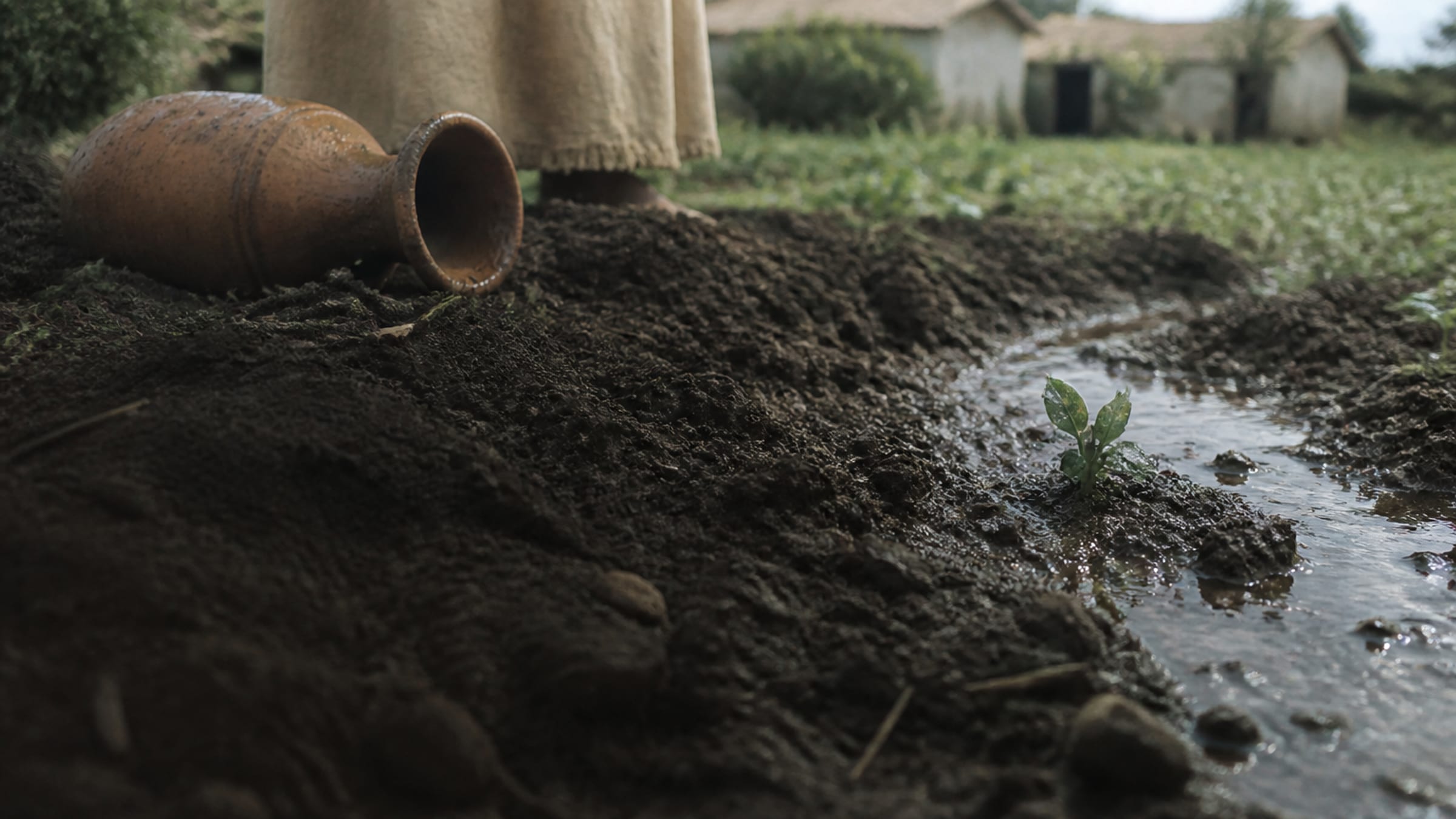 Um pequeno broto verde nasce do solo escurecido pela chuva ao lado de um jarro simples de terracota num jardim da Corinto do primeiro século.